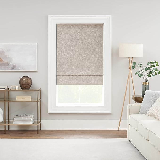 Eclipse Drewton Motorized 100% Blackout Cordless 27 in Wide x 64 in Long Textured Roman Shade in Linen