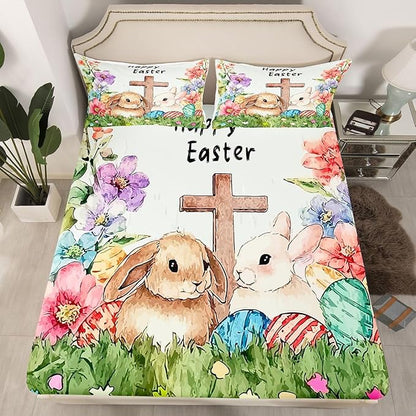 Happy Easter Bed Sheet Twin Size Easter Egg Kawaii Rabbit Bedding Set Spring Flower Farmhouse Fitted Sheet Kids Boys Girls Room Decor Green Colorful Soft Sheets with 1 Pillowcase,No Top Flat