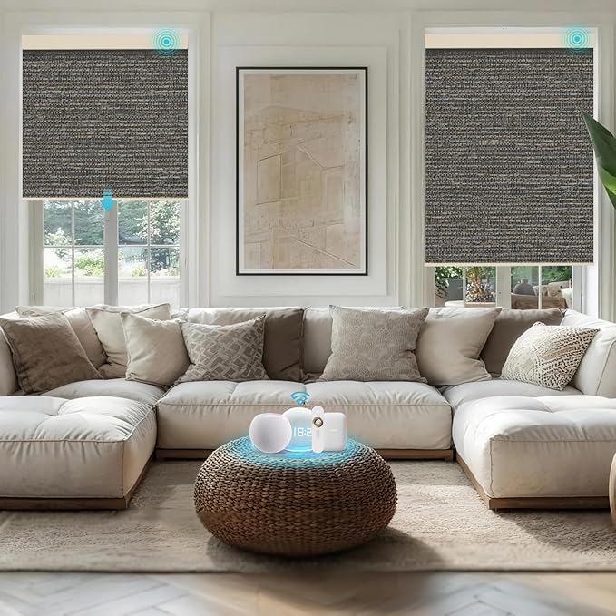 Motorized Blinds with Remote, Smart Blind Roller Shades Compatible with Alexa, Durable Rechargeable Battery Solar Power Electric Window Blinds Motorized Shades Customized Size (Luxury-Coffee)