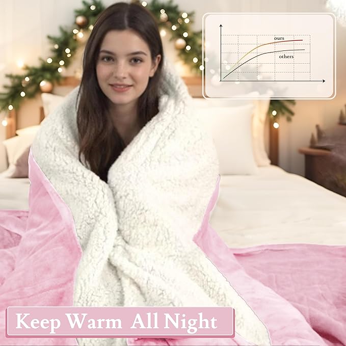 Electric Heated Blanket 62"x84" Twin Size Flannel & Sherpa - 4 Heat Settings & 10H Auto Shut Off for Safe Overnight Use, Fast Heating, Machine Washable for Bed, Couch, Office - Pink