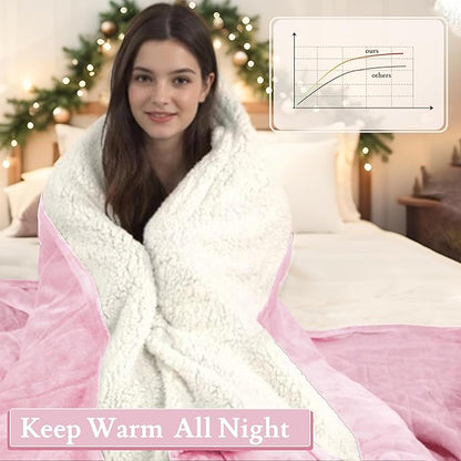 Electric Heated Blanket 50"x60" Throw Size Flannel & Sherpa - 4 Heat Settings & 3H Auto Shut Off, Fast Heating, Machine Washable for Bed, Couch, Office - Pink