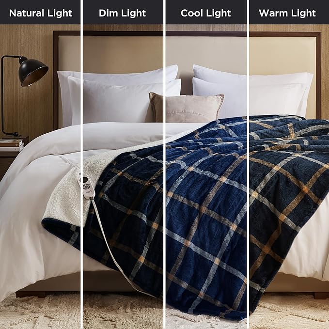 Woolrich Heated Throw Blanket with Ultra Soft Plush and Sherpa Reverse, 12 Heat Settings, Auto Shut-Off, Farmhouse & English Country Gift Throw – Navy Plaid Pattern, 50"x60"