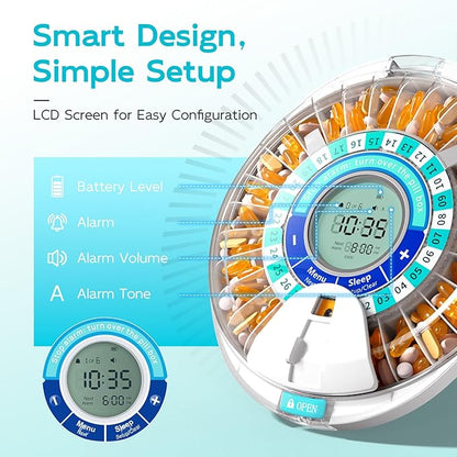 Daviky Automatic Pill Dispenser for Elderly with Alarm, 28-Day Electronic Locked Pill Box, Sound & Light Reminders for Medication, Vitamins, and Supplements