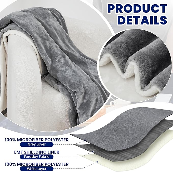 Preboun 51.18 x 40.55 Inch Faraday Blanket for Pregnant Babies, Emf Blanket Protection 5 g, Bluetooth, Phone Towers, Two Sides Using for Beds Couches Travel(Flannel, Grey)