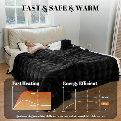 IUUI Electric Heated Blanket King 90''x100'',Luxury Faux Rabbit Fur Heating Throw Blankets,Fast Heating with 1/2/4/6/8/10 Hours,Overheat Protection, Quick Heating, Memory Function, Gift-Ready Design