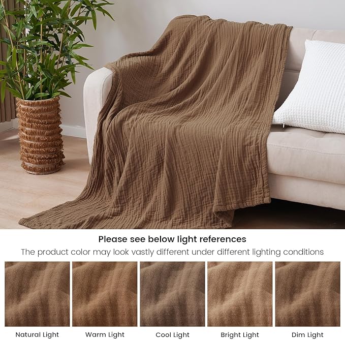 PHF Cooling Muslin Throw Blanket for Hot Sleepers, 60% Rayon Derived from Bamboo, 40% Cotton for Summer, 4-Layer Breathable Gauze Blanket for Bed Couch, 50"x60", Brown