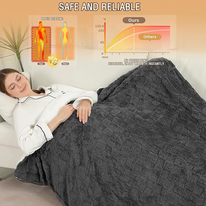 Heated Throw Blanket Electric,Electric Blanket Checkered Weave & Wool Blend Heated Blanket,Rapid Heating 6 Temperature Settings 4-Hour Auto Shut-Off ETL Certified,Machine Washable,50" x 60",Dark Gray