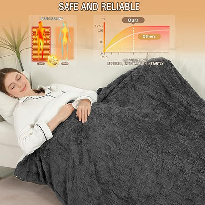Heated Throw Blanket Electric,Electric Blanket Checkered Weave & Wool Blend Heated Blanket,Rapid Heating 6 Temperature Settings 4-Hour Auto Shut-Off ETL Certified,Machine Washable,50" x 60",Dark Gray