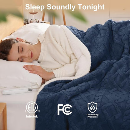 Heated Throw Blanket 50"x60" with 5 Heating Levels & 4 Hours Auto Off, Soft & Plush Sherpa Electric Blanket Throw with ETL & FCC Certification for Home Use, Machine Washable, Great Gift, Navy Blue