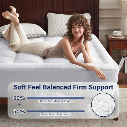Anluoer Memory Foam Mattress Topper California King for Back Pain,Down Alternative Pillow Top Mattress Topper,Thick Mattress Pad with 8-21" Deep Pocket, 72x84 Inches,White