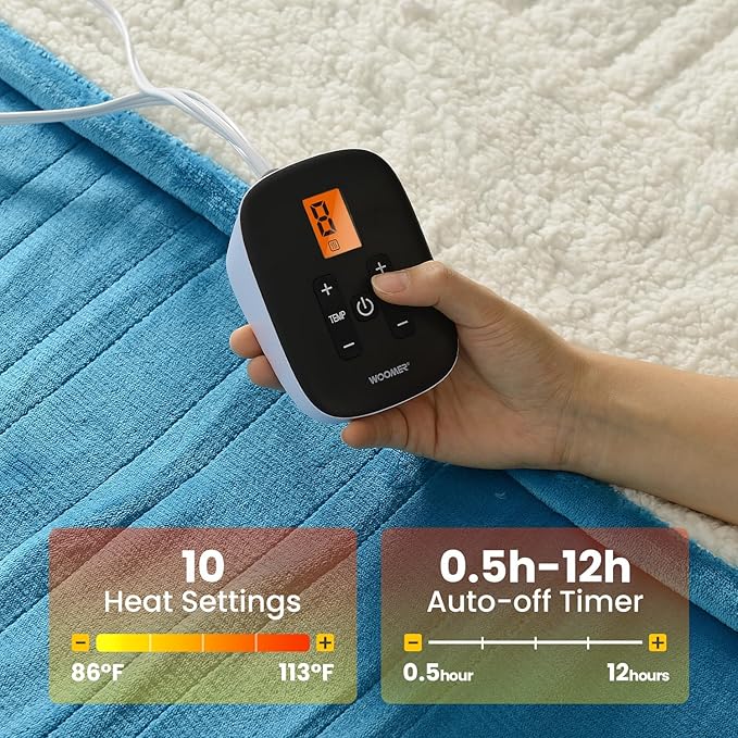 WOOMER Electric Blanket Twin Size 62" x 84", Heated Blanket with 0.5-12 Hours Timer & 10 Heating Levels, ETL Certified, Teal Velvet & White Sherpa, Over-Heat Protect, Machine Washable
