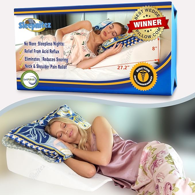 Sleepnitez Fsa Eligible 8" Bed Wedge Pillow – Memory Foam Wedge for Sleeping, Acid Reflux Pillow for Snoring, GERD, Pregnancy, Sleep Apnea, Reading – Luxurious 3.25" Memory Foam Top Layer