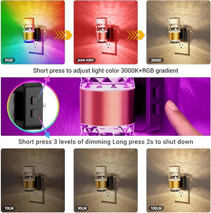 JandCase Night Lights Plug into Wall, Color Changing Night Light for Kids, 3000K+RGB 10-Color LED Nightlight with Light Sensor, 10/50/100LM Adjustable Brightness for Rooms Home Decor