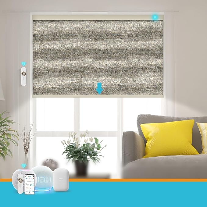 Motorized Blinds with Remote, Smart Blind Roller Shades Compatible with Alexa, Durable Rechargeable Battery Solar Power Electric Window Blinds Motorized Shades Customized Size (Luxury-Coffee)