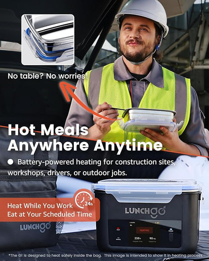 LUNCHGO® G1-Standard(74 Wh), Smart Electric Heated Lunch Box – Cordless, 5 Cups Capacity, Battery Powered, 250°F Max, Scheduled Heating, Perfect for Outdoor Work, On-The-Go Meals (Carbon Black)