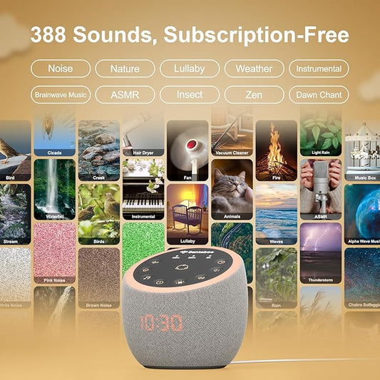 White Noise Sound Machine for Sleeping, 388 Soothing Sounds, Cocoon Pro 2 Smart APP Control, Custom Buttons Non Looping Sounds Bedside Dimmable Clock Night Light, for Adults Baby Kids Lullaby