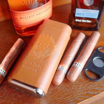 Brown Cigar Case with Cutter - Portable Leather Travel Cigar Holder and Pouch Kit for Men