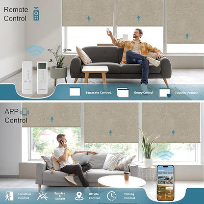 Motorized Alexa Controlled 100% Blackout Shades for Windows,Electric Smart Blinds Work with Homekit,Alexa,Google Home,Remote,Automatic Blinds with Solar Pannel Charging,Texture Biscuit
