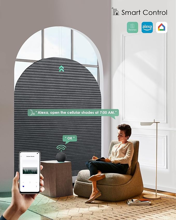Yoolax Smart Cellular Shades, Motorized Elongated Arch Honeycomb Blind Motorized Blinds with Remote Compatible with Alexa, Customized Elongated Arch Cellular Shades (Blackout Texture Dark Grey)