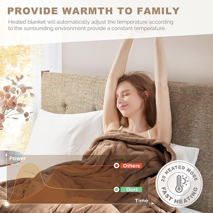 Degrees of Comfort Electric Blanket Twin, Single Controller W/Auto Shut Off, Heated Blanket Twin for Bed, Machine Washable, Mocha, 62Wx84L