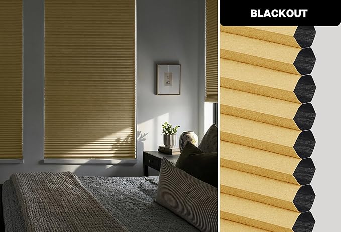 LazBlinds Cordless Cellular Shades, No Tools No Drill Blackout Honeycomb Shades Pleated Blinds for Windows, 29" W x 64" H, Yellowish-Brown