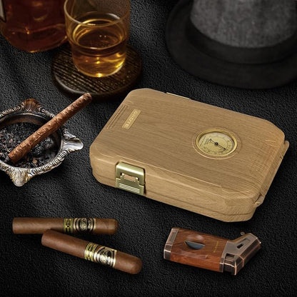 Travel Cigar Humidor Case - Cedar Lined, V Cut Cutter, Portable Humidor with Humidifier & Hygrometer, Holds 7-9 Cigars, Includes Lighter - Gift Set