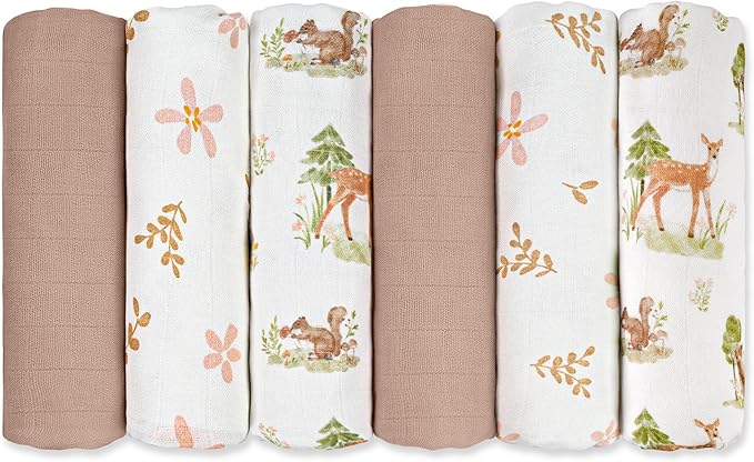 GLLQUEN BABY Receiving Blanket Boy Cotton Muslin Swaddle Blankets Girl Newborn Squares Breathable & Soft Thin Baby Blankets Cloths Double Absorbent Infant Swaddling Wrap - 6 Pack (Deer & Soft Light)