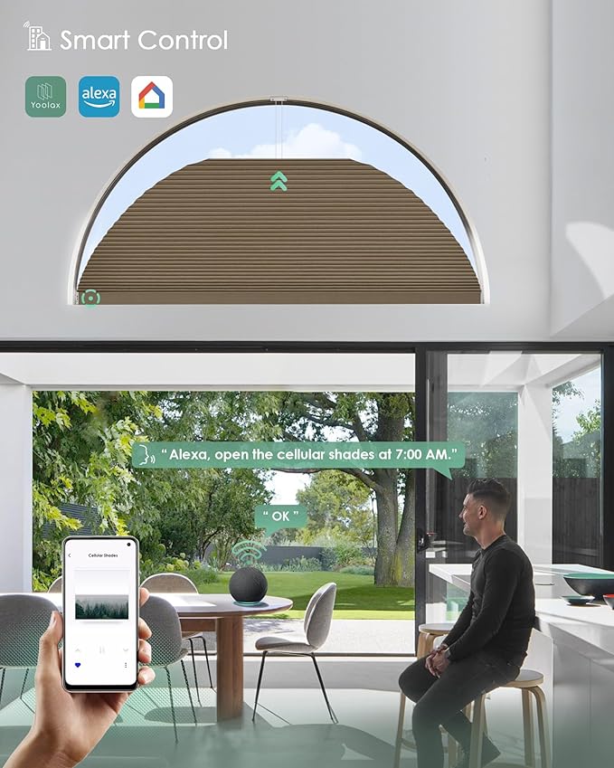 Yoolax Smart Cellular Shades, Motorized Arch Window Honeycomb Blinds Motorized Blinds with Remote Compatible with Alexa, Customized Arched Cellular Shades (Blackout Brown)