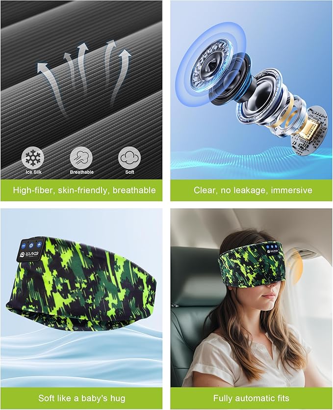 LOVE EYE Sleep Headphones Wireless Headband Headphones Bluetooth 5.4 for Side Sleeper Bluetooth Headband Earphones for Sports for tech Gadgets Gifts (Painting Green)