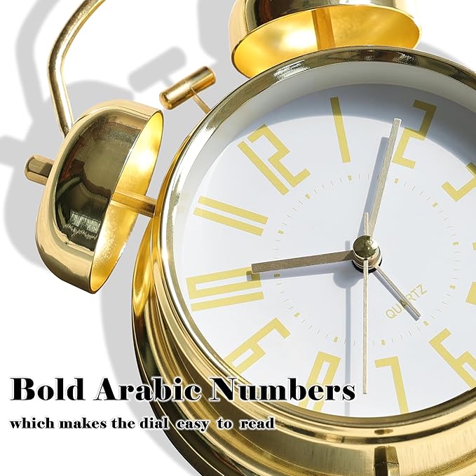 Super Loud Alarm Clock for Heavy Sleepers Adults,Twin Bell Retro 4 Inch Silent Non-Ticking Quartz with Backlight, Metal dial, Alarm Clocks for Bedrooms Bedside (Gold-White)