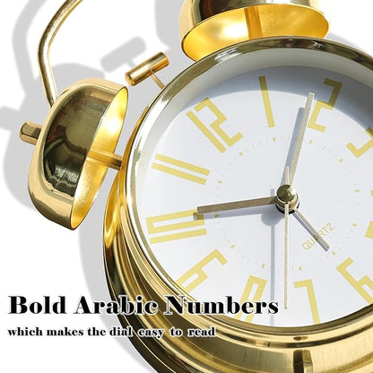 Super Loud Alarm Clock for Heavy Sleepers Adults,Twin Bell Retro 4 Inch Silent Non-Ticking Quartz with Backlight, Metal dial, Alarm Clocks for Bedrooms Bedside (Gold-White)