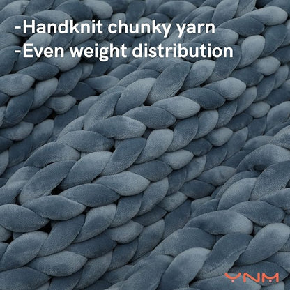 YnM Velvet Weighted Blanket, Handmade Chunky Knitted Design, Soft and Cozy, Temperature Regulating and Breathable, Machine Washable Throw for Sleep or Home Decor (Blue, 60x80 Inch, 15lbs)