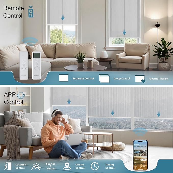 Motorized Blinds Compatible with Alexa,Google Asssitant,Homekit Over Thead,5% Openness Solar Shades for Window, Smart Shades with Remote, APP/Voice Control,Custom Size,Aventus White Grey