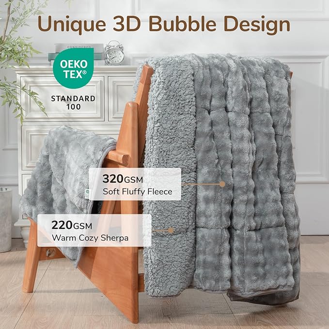 Cottonblue Weighted Blanket 15lbs Bubble Fleece Plush Sherpa Heavy Weighted Blankets for Adults, Fits Twin/Full Size Bed, Cute Fuzzy Warm Heavy Blanket for Calm and Better Sleep, 48"x72", Grey