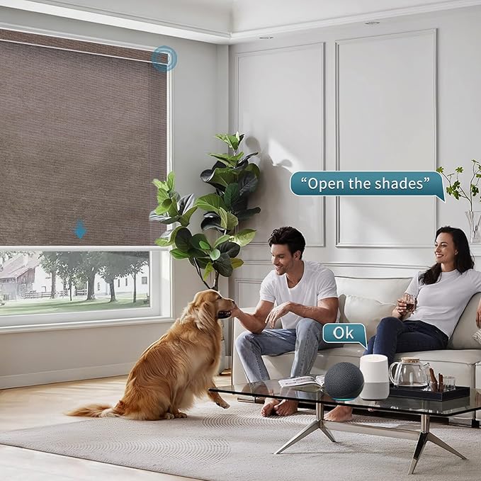 Motorized Light Filtering Roll Shades Work with HomeKit, 50% Blackout Smart Blinds for Windows, Half-Shading Electric Blinds with Remote,Automatic Solar Shades, Sunscreen PVC Free Cocoa