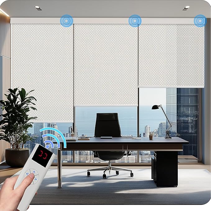 Motorized Blinds with Remote Cordless Automatic Motorized Shades Custom Blinds for Windows Smart Curtains Compatible with Alexa Google Home(3% Solar Beige,W29 x H72in)