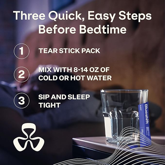 Blueshift Sleep Aid Powder for Adults – Lemon Lavender | 3 mg Melatonin, 5‑HTP, Taurine & Glycine | Stick‑Pack Drink Mix – Zero Sugar, 5 Cal | Deep REM & Next‑Day Refresh | Sleep 10 ct