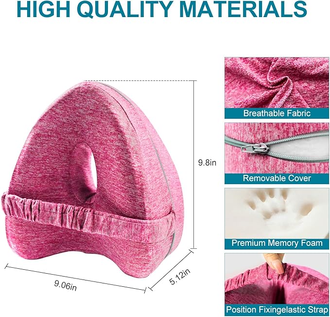 Knee Pillow for Side Sleepers, Memory Foam Leg Pillow for Side Sleeping, Cooling Knee Pillow with Strap for Hip Pain, Back Pain, Sciatica Pain Relief, Spine Alignment (Pink)