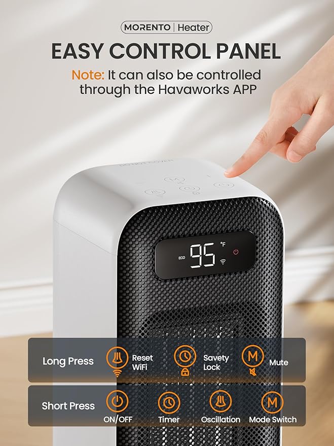 MORENTO Space Heaters for Indoor Use, Electric Portable Heater for Bedroom with Thermostat, WiFi Voice Control, 36dB Quiet 4 Modes 12H Timer, 1500W PTC Ceramic Heater for Office Home 1Pack White