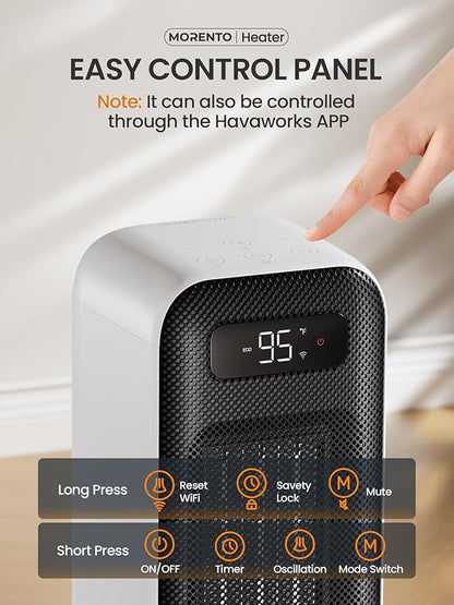 MORENTO Space Heaters for Indoor Use, Electric Portable Heater for Bedroom with Thermostat, WiFi Voice Control, 36dB Quiet 4 Modes 12H Timer, 1500W PTC Ceramic Heater for Office Home 1Pack White