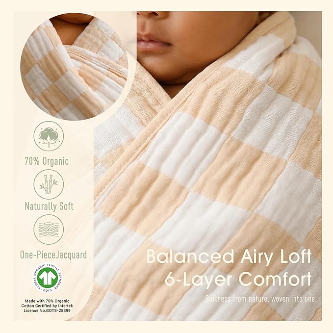 Ultra Soft Muslin Baby Blanket - Made with Organic Cotton, Neutral Earth Tone Checkered Swaddle & Crib Quilt, 43x43 (Beige)