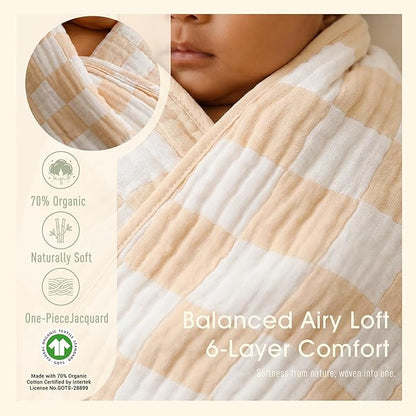 Ultra Soft Muslin Baby Blanket - Made with Organic Cotton, Neutral Earth Tone Checkered Swaddle & Crib Quilt, 43x43 (Beige)