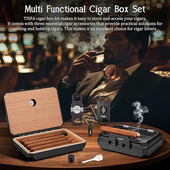 TISFA Cigar Humidor Set Travel Humidor Includes 2 Multifunctional Cutters, Hole Punch, Humidifier, Hygrometer, Portable Cedar Wood Lined Cigar Box Holder Case Gifts for Men (Black)