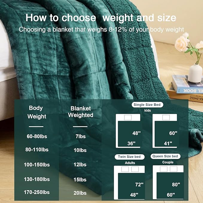 Aemicion Queen Size 20lbs Weighted Blanket for Adults, Fluffy Warm Sherpa & Cozy Soft Flannel Snuggle Thick Heavy Blanket Great for Sofa Bed, 60x80in Green