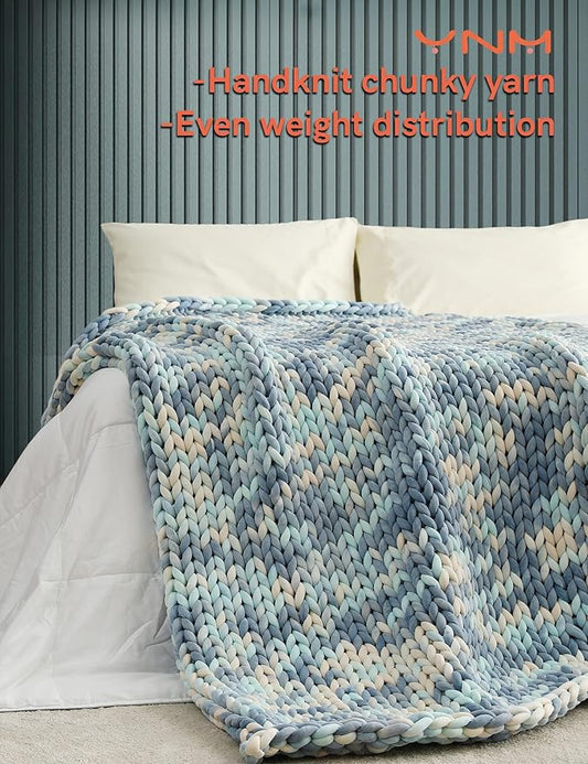 YnM Weighted Blanket, Handmade Chunky Knitted Design, Soft and Cozy, Temperature Regulating and Breathable, Machine Washable Throw for Sleep or Home Decor (Light Blue Tie-Dyed, 60x80 Inch, 15lbs)