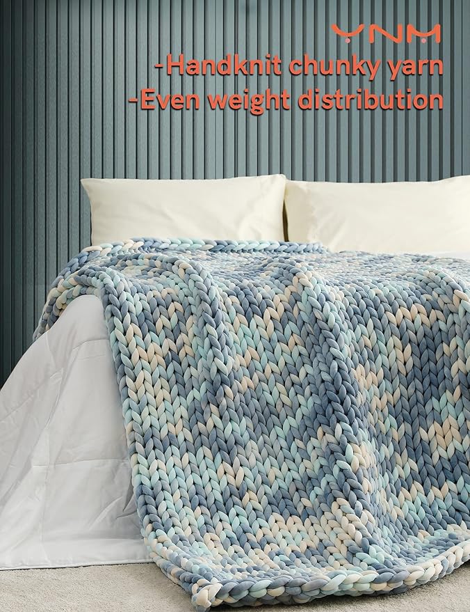 YnM Weighted Blanket, Handmade Chunky Knitted Design, Soft and Cozy, Temperature Regulating and Breathable, Machine Washable Throw for Sleep or Home Decor (Light Blue Tie-Dyed, 60x80 Inch, 20lbs)