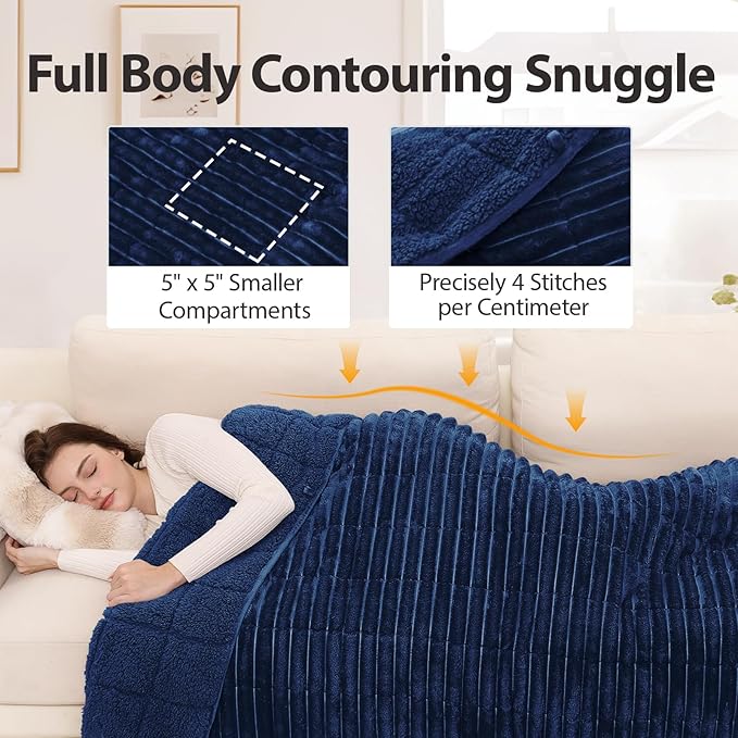 Sherpa Fleece Weighted Blanket with 3D Ribbed Stripes, 15 lbs Soft Flannel Heavy Throw Blanket for Couch Bed Sofa, Heavy Thick Blankets with Glass Beads, Comfort for Cozy Evenings, 60" x 80"