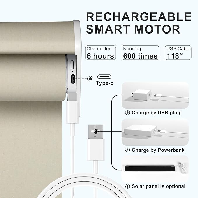 Motorized Blinds with Remote,Blackout Smart Roller Shades with App,Voice Control,Linen Fabric,Thermal Insulated Automatic Blinds,Electric Shades with USB/Solar Pannel.Double-Sided Beige