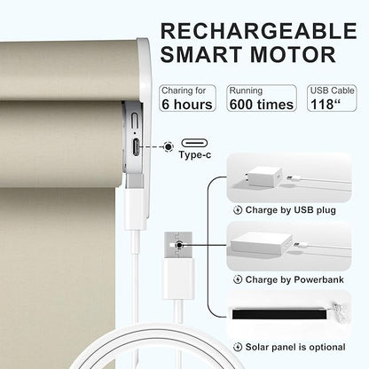 Motorized Blinds with Remote,Blackout Smart Roller Shades with App,Voice Control,Linen Fabric,Thermal Insulated Automatic Blinds,Electric Shades with USB/Solar Pannel.Double-Sided Beige