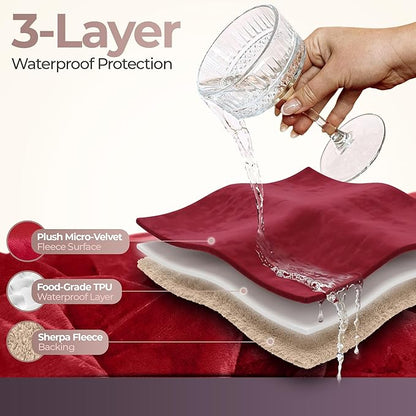 Sacred Weapon Waterproof Blanket for Bed – Dual Sherpa & Fleece Throw - Water Proof Blanket for Couch Absorbent Washable & Leak Proof – Soft & Premium Waterproof Comforter – Dark Red- 80'x50'